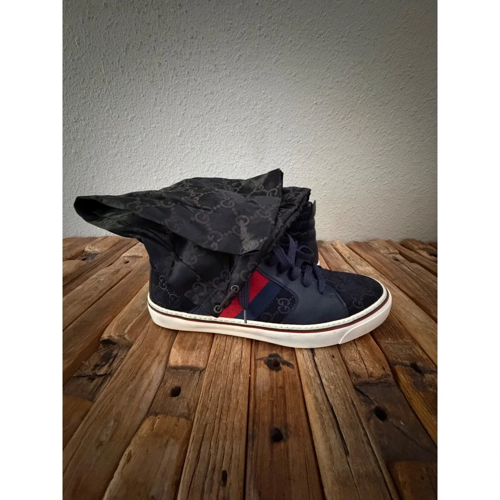 Gucci High Top Sneakers Size 8 Navy Blue GG Monogram Web Stripe 221825